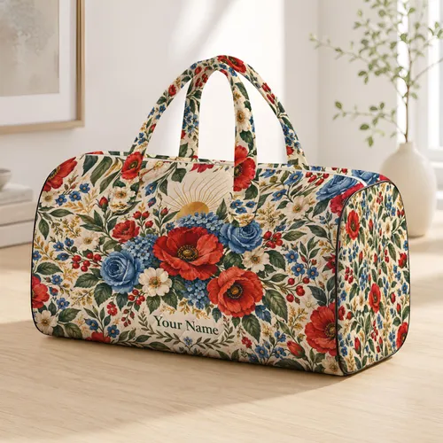 Vintage Red And Blue Garden Florals For Relaxed Weekend Getaways And Resort Travel Quilted Weekend Bag