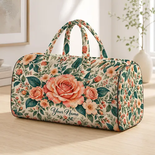 Peach Rose and Teal Botanical Florals for Sunny Beach Days and Relaxed Weekend Getaways Quilted Weekend Bag