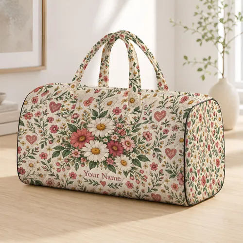 Blush Hearts and Daisy Botanicals for Beach Days, Summer Travel, and Coastal Getaways Quilted Weekend Bag