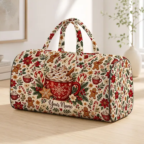 Cocoa Mugs and Peppermint Florals for Cozy Holiday Getaways and Resort Escapes Quilted Weekend Bag