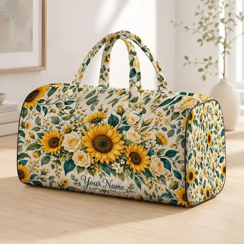 Sunflowers and Cream Roses for Beach Getaways, Summer Holidays and Bohemian Travel Style Quilted Weekend Bag