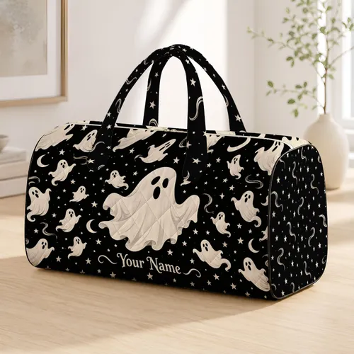 Ivory Halloween Ghosts and Stars for Spooky Seasonal Getaways and Fall Adventures Quilted Weekend Bag