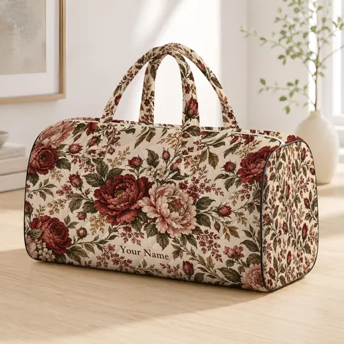 Vintage Burgundy Rose Botanicals for Spa Retreats, Yoga Days, and Weekend Getaways Quilted Weekend Bag