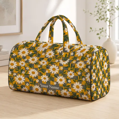 Mustard Daisy Checkerboard Floral for Sunny Weekend Getaways and Garden-Loving Travelers Quilted Weekend Bag