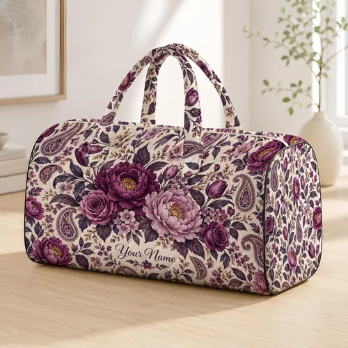 Purple Peony and Paisley Florals for Weekend Getaways, Yoga Days and Travel Lovers Quilted Weekend Bag
