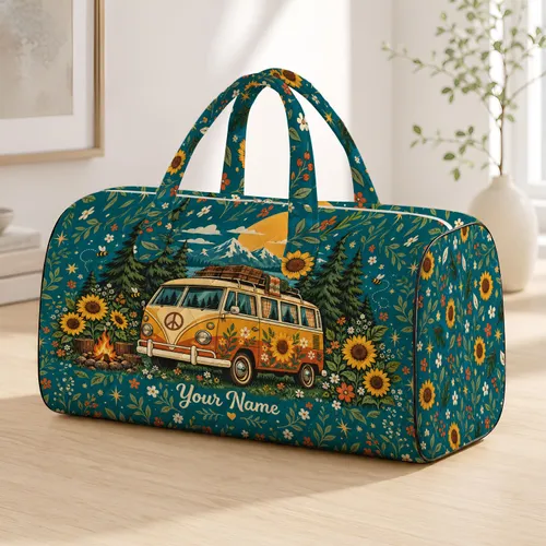 Vintage Camper Van and Sunflowers for Beach Trips, Camping, and Outdoor Adventures Quilted Weekend Bag