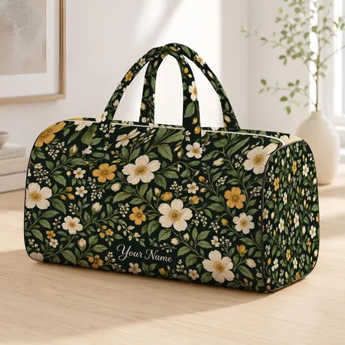 Botanical Floral Garden Motif for Yoga, Gym, Beach and Weekend Travel, Women and Men Quilted Weekend Bag