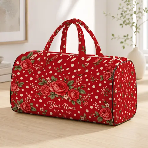 Cherry Red Polka Dots with Rose Accents for Romantic Travel and Relaxed Weekend Getaways Quilted Weekend Bag