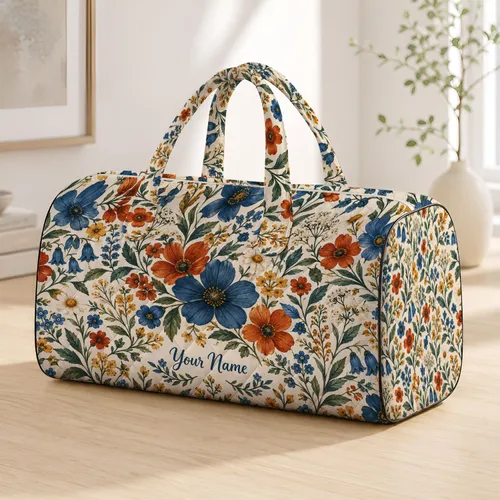 Blue And Rust Wildflowers for Weekend Getaways and Camping Trips for Women and Men Quilted Weekend Bag