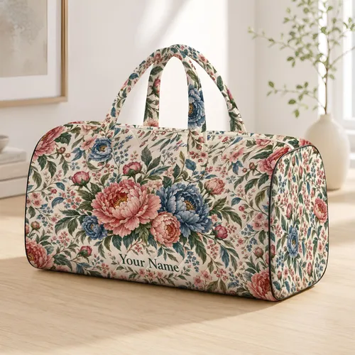 Vintage Peony and Blue Blossom Garden for Elegant Getaways and Everyday Travel Style Quilted Weekend Bag