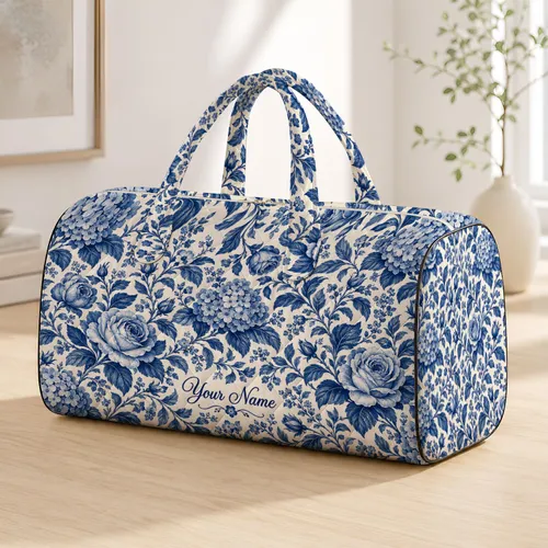 Navy Blue Rose And Hydrangea Botanical Florals For Coastal Getaways And Beach Travel Quilted Weekend Bag