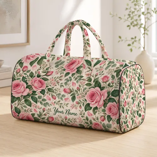 Pink Rose and Green Leaf Florals for Coastal Getaways and Relaxed Weekend Travel Quilted Weekend Bag
