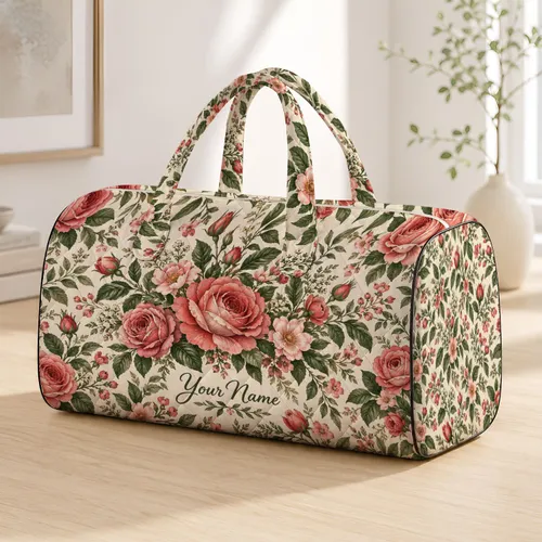 Coral Rose and Olive Botanical Blooms for Campsite Escapes and Outdoor Weekend Getaways Quilted Weekend Bag
