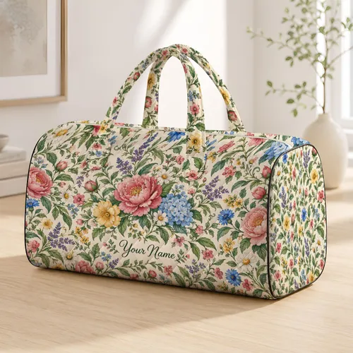 Watercolor Garden Flowers for Gym Travel, Yoga, and Weekend Getaways for Women and Men Quilted Weekend Bag