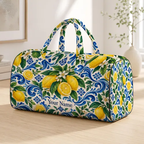 Lemons And Blue Coastal Waves For Sunny Getaways And Relaxed Weekend Escapes Quilted Weekend Bag