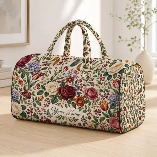 Vintage Botanical Roses and Tulips for Camping, Beach, and Weekend Travel Quilted Weekend Bag