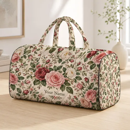 Vintage Rose Garden Florals for Romantic Getaways and Everyday Travel, Unisex Style Quilted Weekend Bag