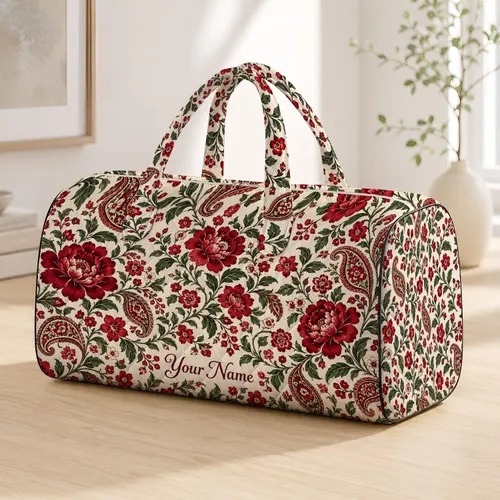 Cranberry Floral Paisley for Campsite Escapes and Weekend Getaways, Unisex Style Quilted Weekend Bag