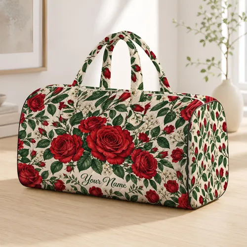 Red Rose and Emerald Leaf Motif for Romantic Getaways and Garden-Loving Travelers Quilted Weekend Bag