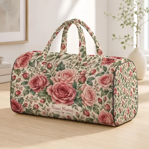 Dusty Rose Garden Florals for Beach Getaways and Relaxed Weekend Escapes for Her Quilted Weekend Bag