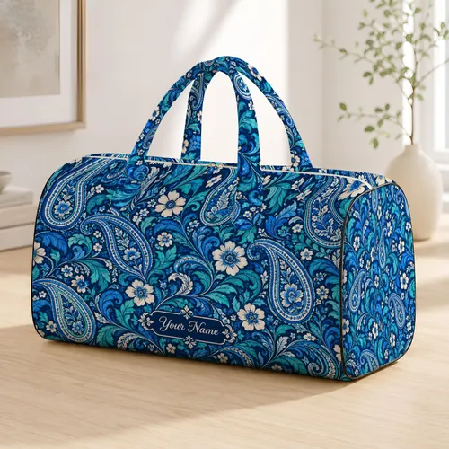 Blue Paisley and Botanical Flourishes for Scenic Getaways and Everyday Travel for All Quilted Weekend Bag