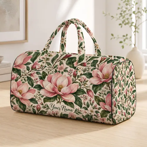 Pink Magnolia and Wildflower Blooms for Weekend Getaways, Beach Days and Garden Escapes Quilted Weekend Bag