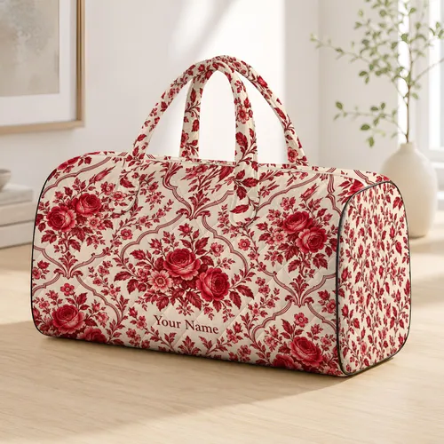 Crimson Rose Toile Blooms for Elegant Weekend Getaways and Leisurely Travel Days Quilted Weekend Bag