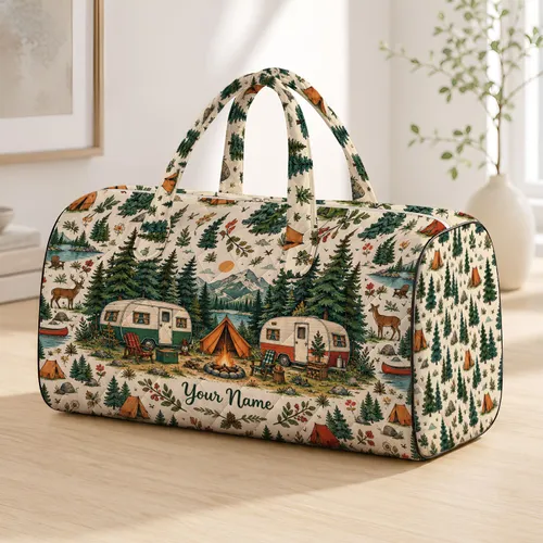 Vintage Camper and Campfire Scenes for Cozy Weekend Getaways and Outdoor Adventures Quilted Weekend Bag