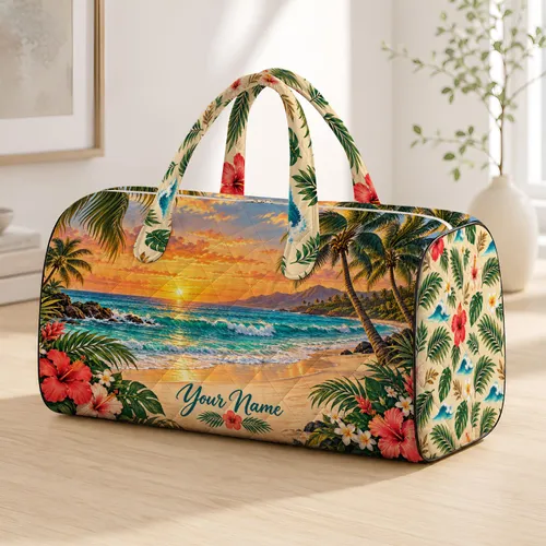 Tropical Palm Beach Sunset Scene for Coastal Getaways and Relaxed Summer Travel Quilted Weekend Bag