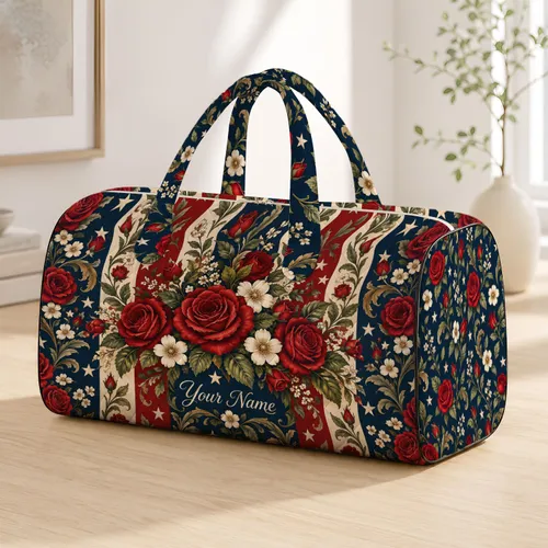 Crimson Rose And Navy Star Florals For Heritage-Inspired Getaways And Yoga Days Quilted Weekend Bag