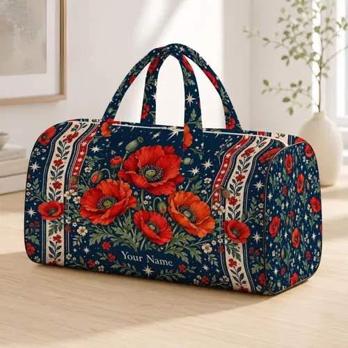 Scarlet Poppy Wildflowers and Ivory Stars for Weekend Getaways and Outdoor Travel Quilted Weekend Bag