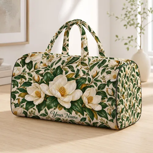 Ivory Magnolia And Emerald Leaves For Relaxed Weekend Getaways And Garden Travel Quilted Weekend Bag