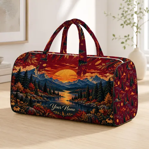 Sunset Mountain Forest River Scenery for Weekend Getaways and Outdoor Travel Adventures Quilted Weekend Bag