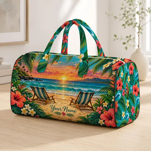 Tropical Beach Sunset With Palm Chairs for Relaxed Summer Getaways and Coastal Escapes Quilted Weekend Bag