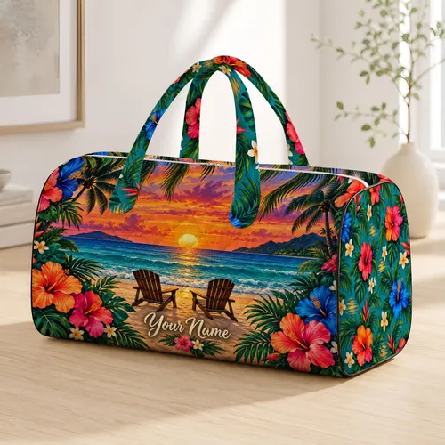 Tropical Sunset Palm And Hibiscus Scene For Island Getaways And Beach Travel Quilted Weekend Bag