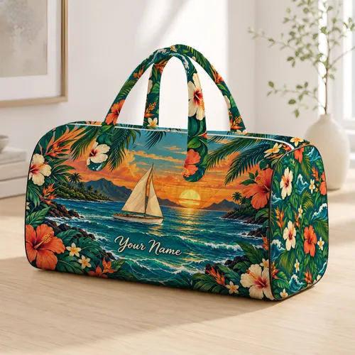 Tropical Sailboat Sunset with Palm Trees for Beach Getaways and Coastal Travel Escapes Quilted Weekend Bag