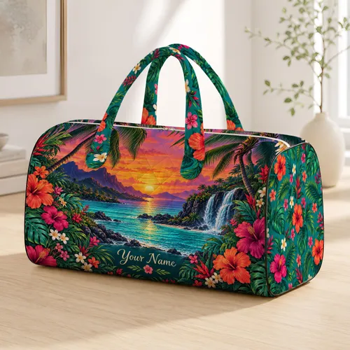 Tropical Island Sunset With Palms and Hibiscus for Colorful Weekend Getaways Quilted Weekend Bag
