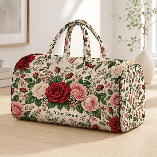 Vintage Rose Garden Blooms for Beach Holidays, Travel and Weekend Getaways for Her Quilted Weekend Bag