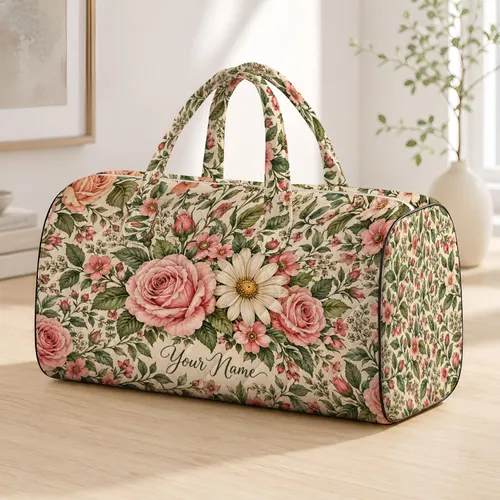 Blush Rose And Daisy Botanicals For Weekend Travel, Yoga, And Everyday Getaways Quilted Weekend Bag