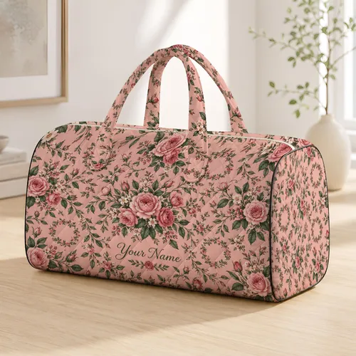 Blush Rose Vines for Romantic Picnic Travel and Relaxed Weekend Getaways for Her Quilted Weekend Bag
