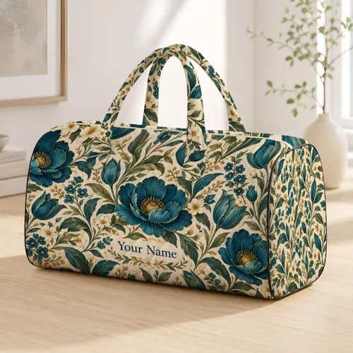 Blue Botanical Florals for Weekend Getaways, Camping Trips and Outdoor Escapes Style Quilted Weekend Bag