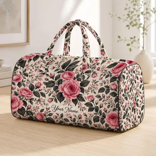 Pink Rose and Ivory Botanical Florals for Travel, Gym Days and Weekend Trip Style Quilted Weekend Bag