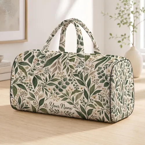 Sage Olive Botanical Leaves for Yoga, Gym and Weekend Travel, Unisex Nature Style Quilted Weekend Bag