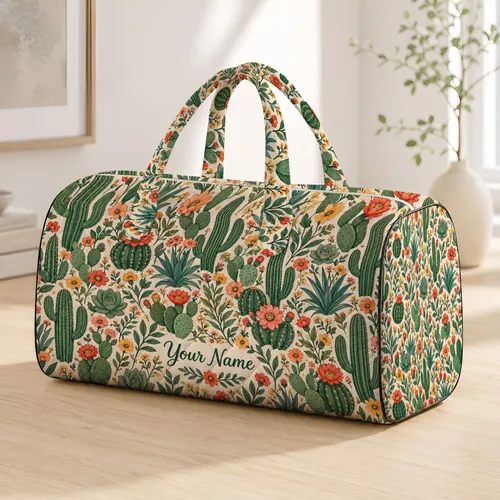 Sage Cactus And Wildflower Motifs For Desert-Inspired Travel And Weekend Getaways Quilted Weekend Bag