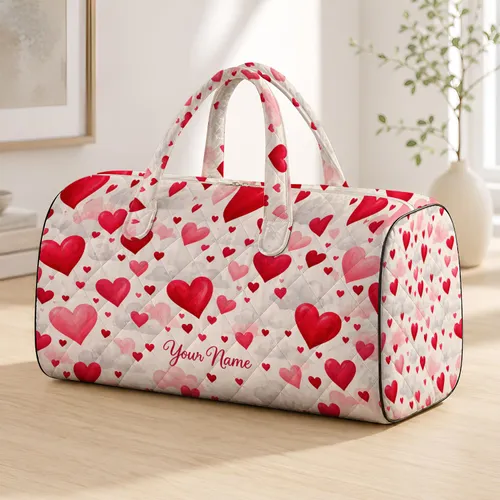 Red and Pink Floating Hearts for Romantic Getaways and Weekend Travel for Her Quilted Weekend Bag