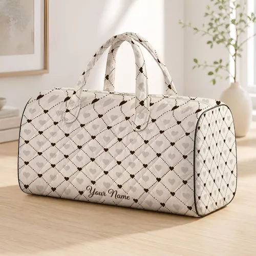 Ivory Brown Heart Lattice for Romantic Weekend Getaways and Travel Lovers Quilted Weekend Bag