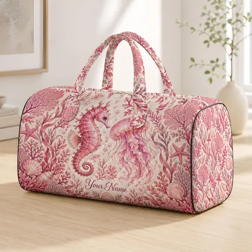 Pink Seahorse and Jellyfish Ocean Scene for Relaxed Coastal Getaways and Seaside Weekends Quilted Weekend Bag