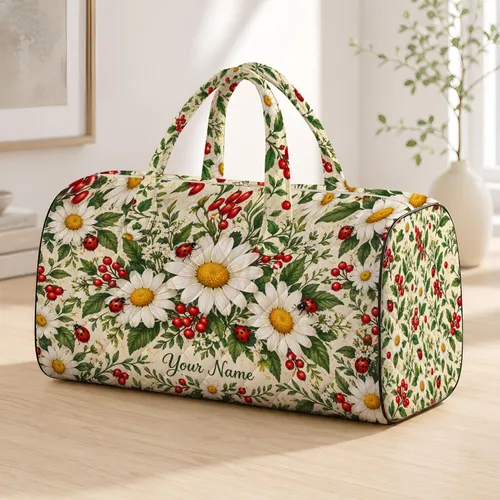 Ladybugs And White Daisies For Cheerful Garden Getaways And Relaxed Outdoor Adventures Quilted Weekend Bag
