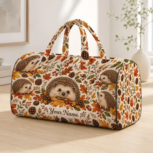 Cute Hedgehogs And Autumn Leaves For Cozy Fall Woodland Walks And Nature Lovers Quilted Weekend Bag