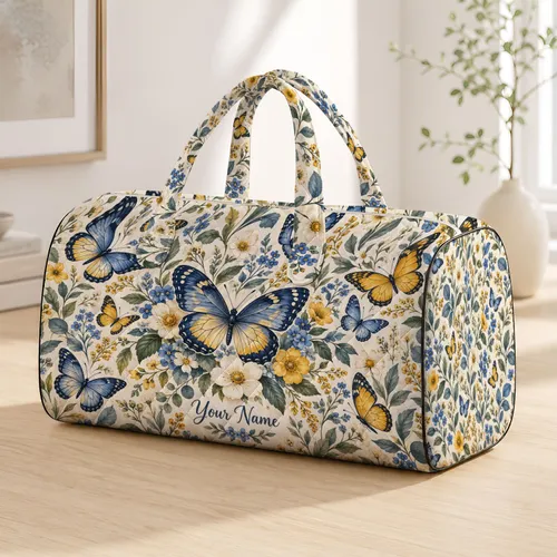 Blue and Golden Butterflies with Wildflowers for Weekend Travel and Garden Getaways Quilted Weekend Bag